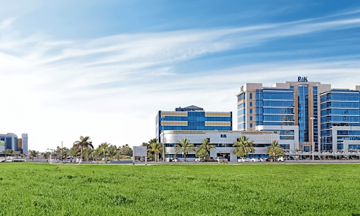 Modern RAKEZ office buildings with palm trees, showcasing a supportive environment for startups and entrepreneurs.